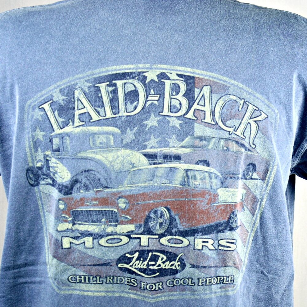 New Med T-shirt Laid Back Motors 55 Chevy, 32 5 Window Ford Roadster, GTO Cars